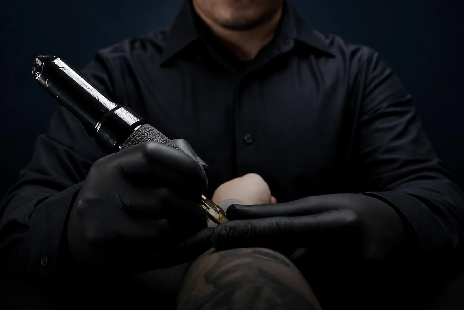 Manos enguantadas sosteniendo la máquina de tatuar